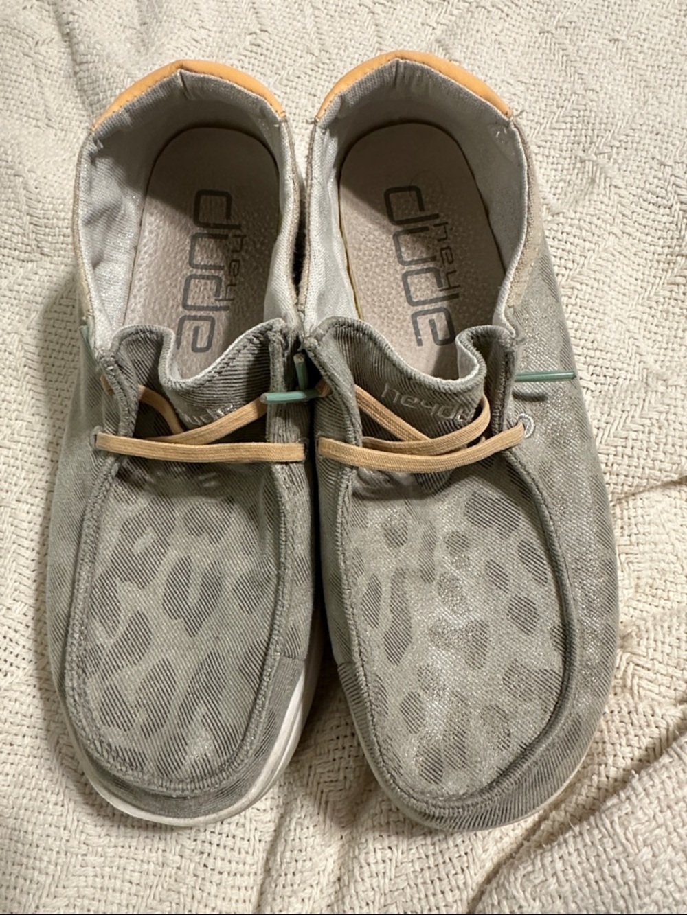 Hey Dude Women's Grey Leopard Print Slip-On Flats with Tan Laces
